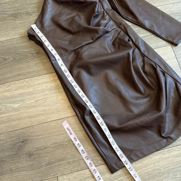 Express Faux Leather One Shoulder Mini Dress Mocha - Picture 6 of 13